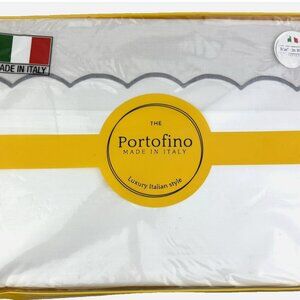 PORTOFINO Italy Embroidered Gray Scalloped QUEEN Size Cotton Sheet Set